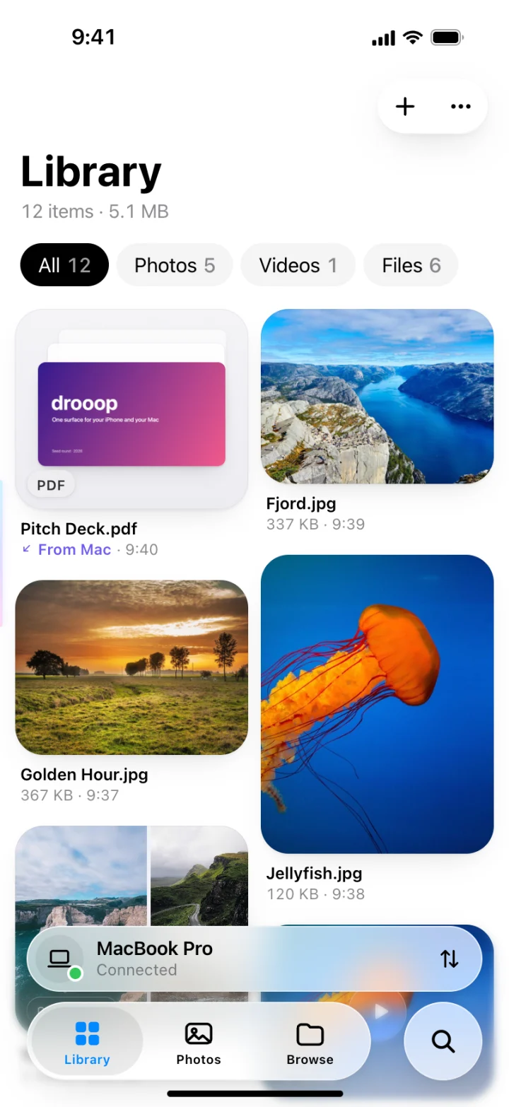 The drooop library on iPhone, filtered into photos, videos and files